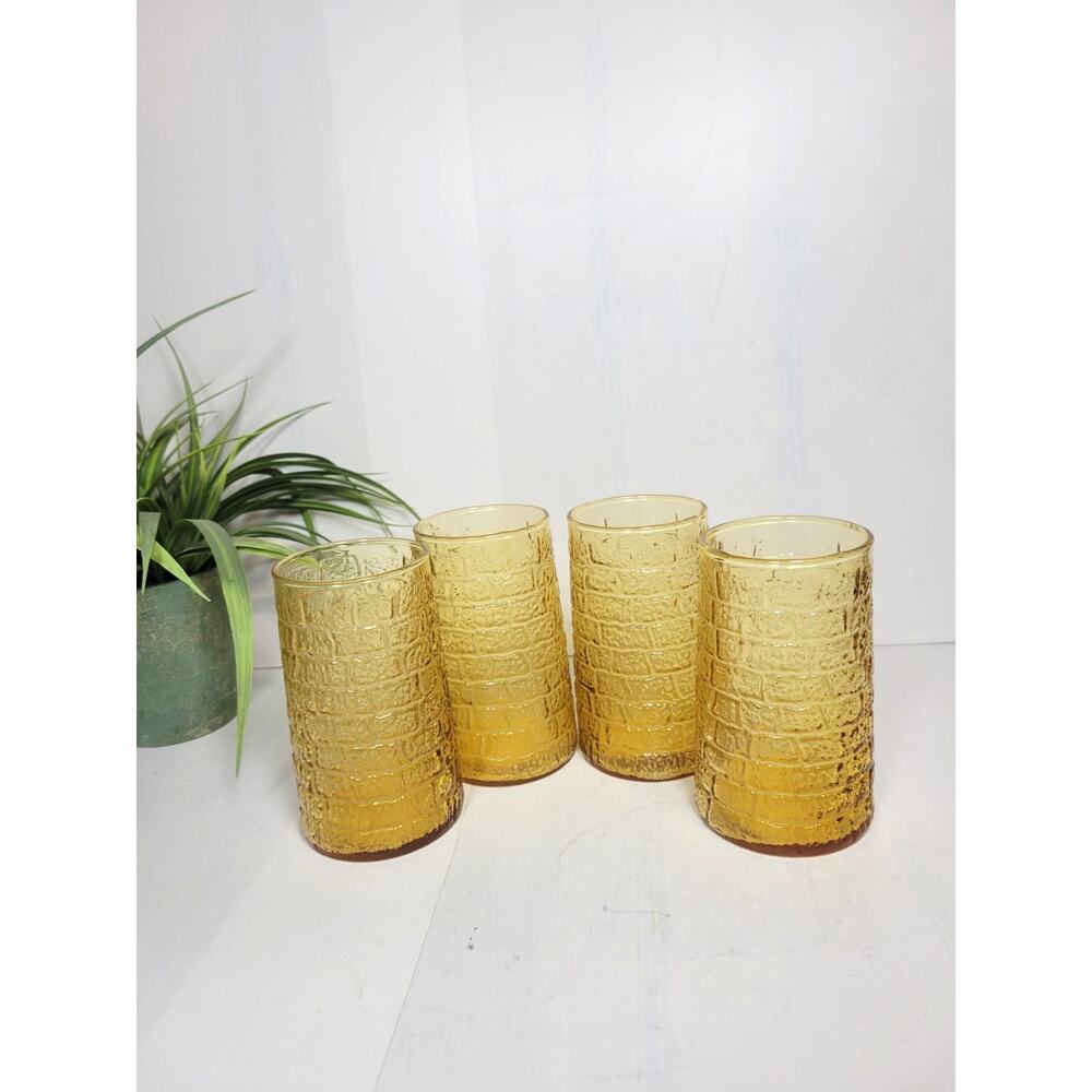 4 Vintage Amber Drinking Glasses, Brick Design Texture